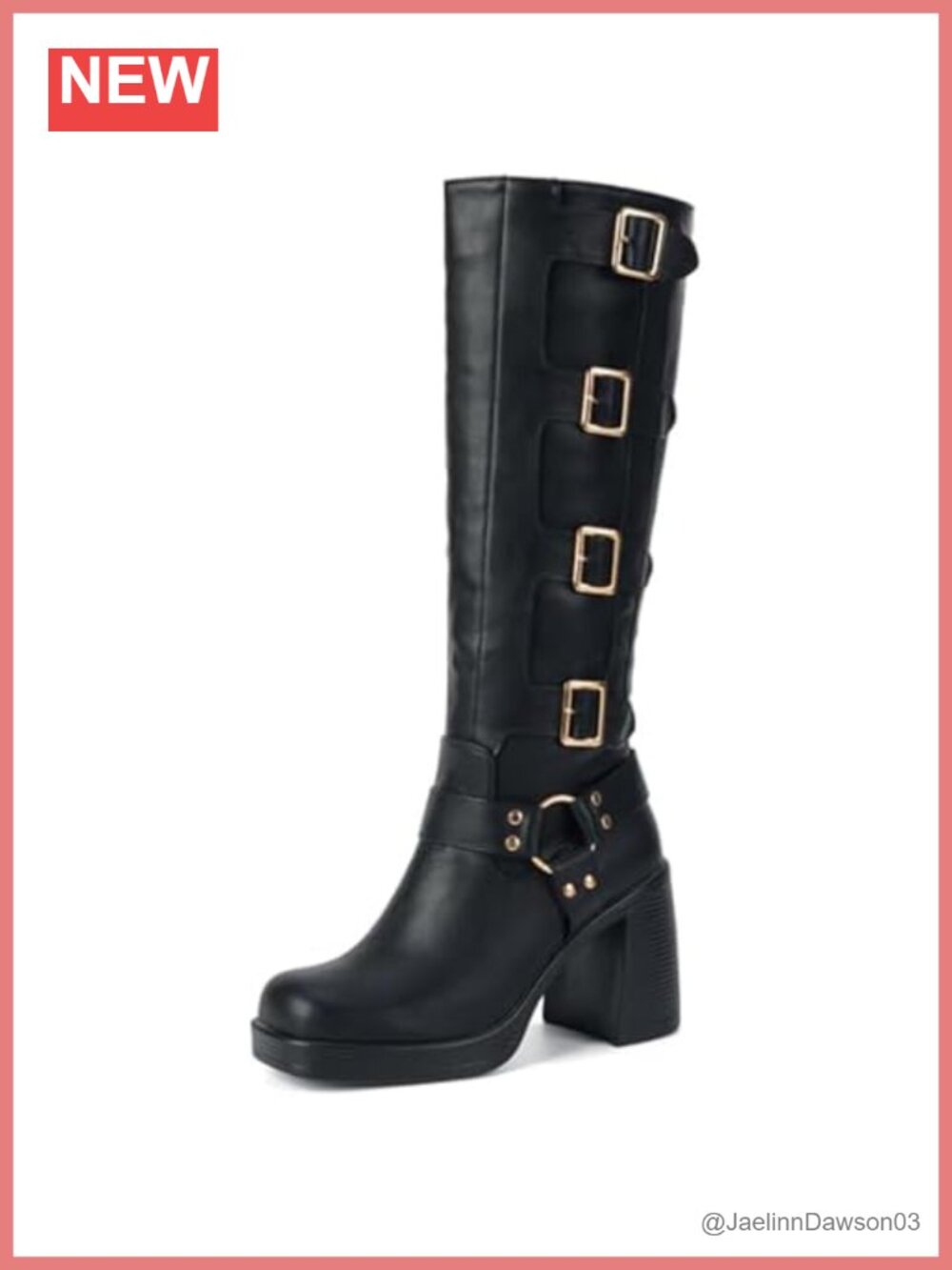 Knee High Buckle Boots Women Square Toe Chunky Block Heel Gothic Riding Boots